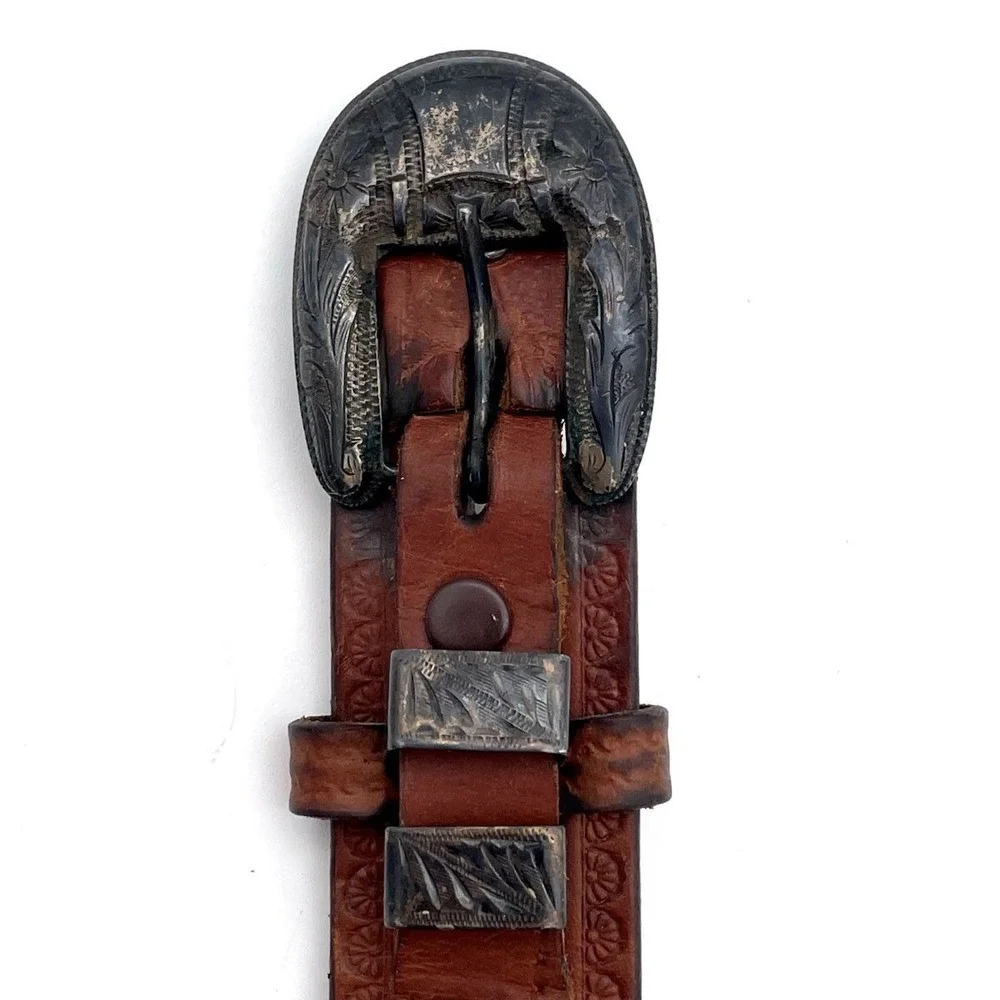 Vintage Handmade Women's Brown Tooled Leather Western Bird Floral Belt Sz 32-35